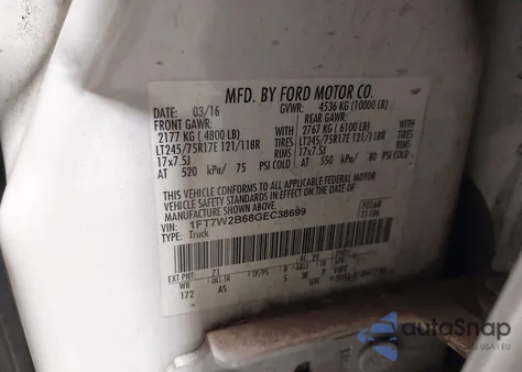 2016 Ford F-250 Xl from USA, damaged, VIN 1FT7W2B68GEC38699